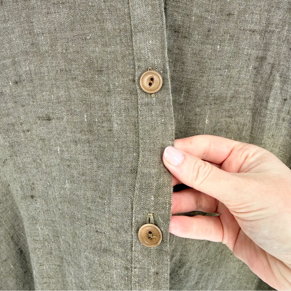 Flax 100% Linen Lagenlook Button Front Long Sleeve Top Olive Green Medium - Picture 5 of 8